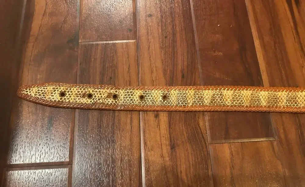 Vintage Snakeskin Pattern Woven Leather Belt with Mother of Pearl Style Buckle